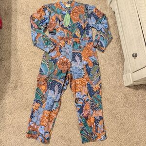 Farm Rio Blue Cool Leopard Gabardine Jumpsuit NWT Size XL MSRP $230